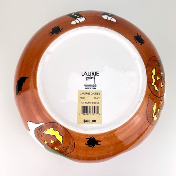 Laurie Gates GATES WARE  Halloween Ruffled Bowl 12’ Skeleton Ghosts Pumpkins - Picture 5 of 8